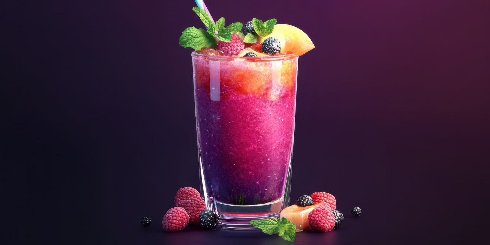 Refreshing berry smoothie with mint and citrus served in a tall glass on dark background
